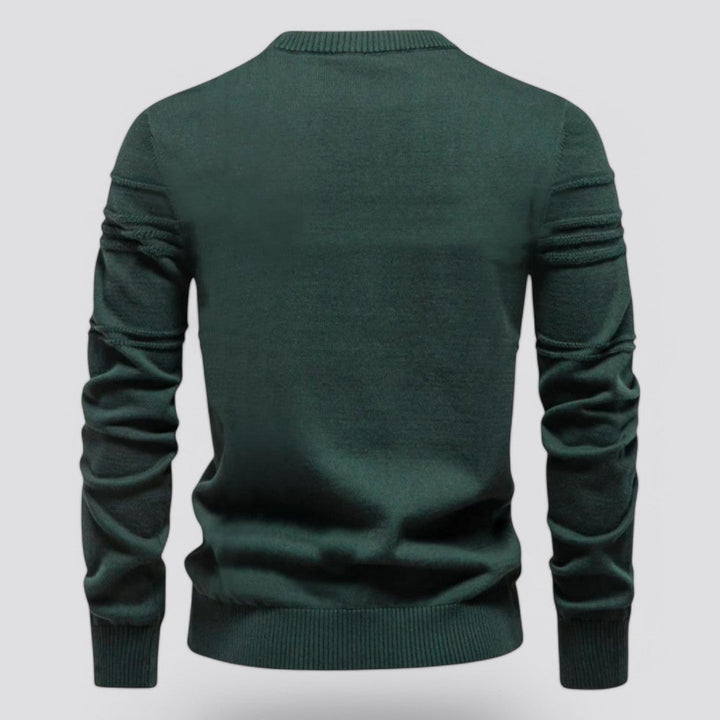 Maglione verde scuro da uomo, maniche lunghe, design elegante, tessuto morbido, ideale per moda autunnale e invernale.