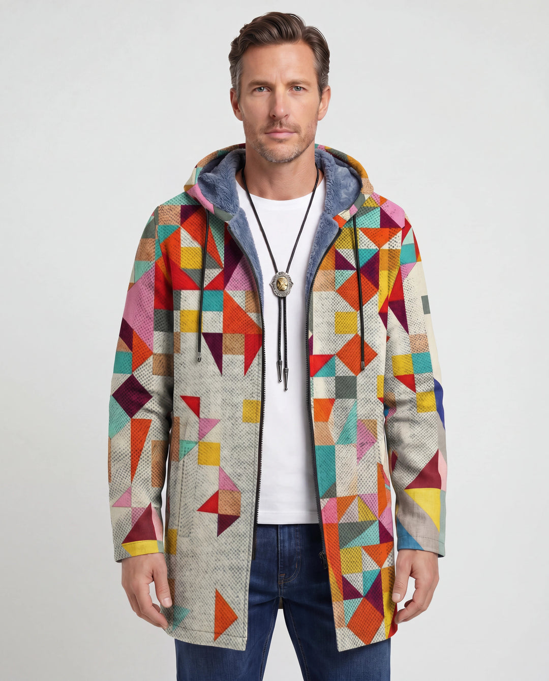 Men's Color Block Fleece Hooded Cardigan