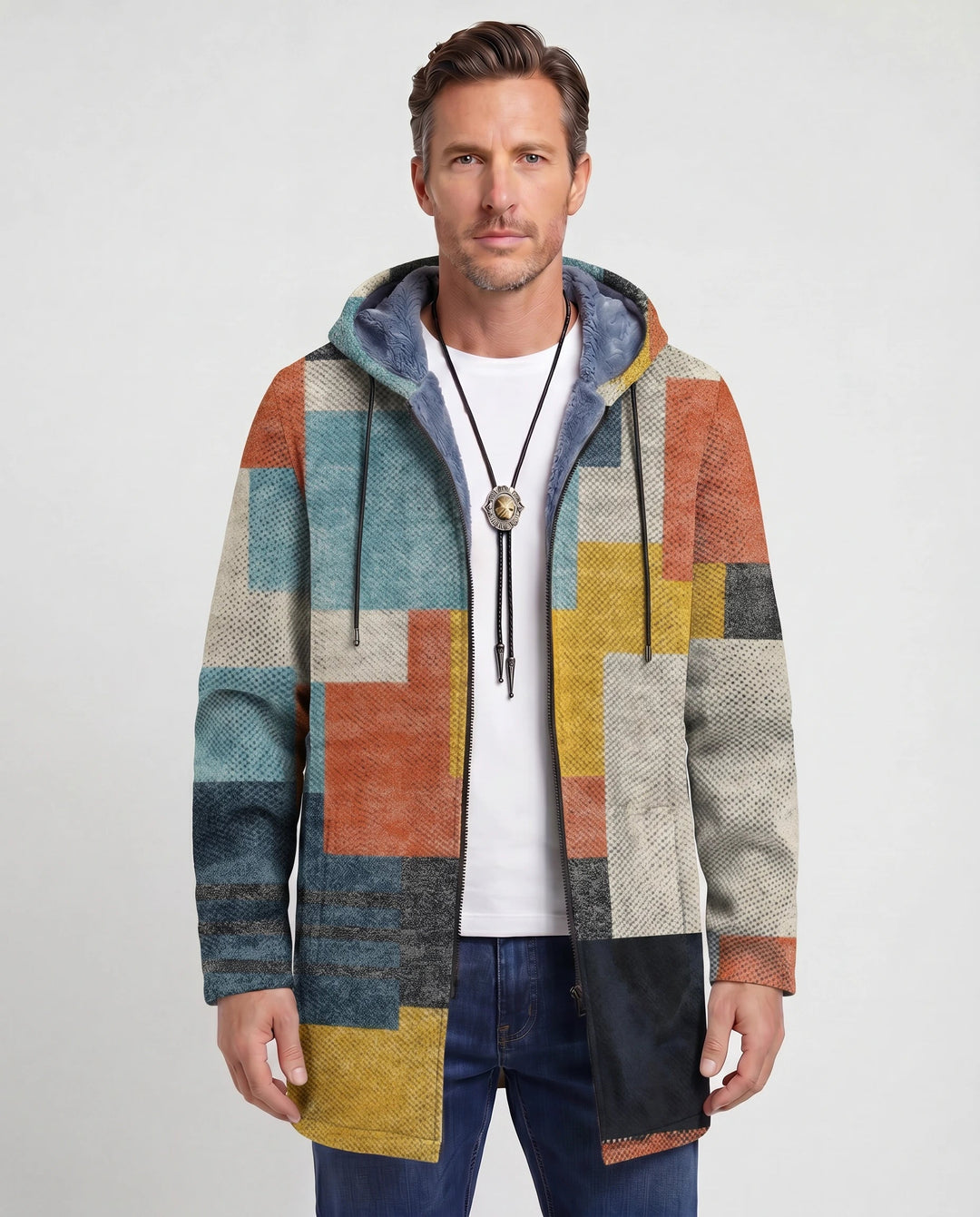 Men's Color Block Fleece Hooded Cardigan