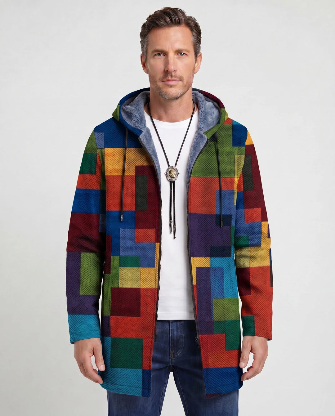 Men's Color Block Fleece Hooded Cardigan